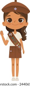 Smiling African American girl scout wearing sash with badges isolated on white background. Female scouter, Brownie ligue Scout Girls troop