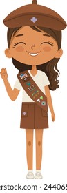 Smiling African American girl scout wearing sash with badges isolated on white background. Female scouter, Brownie ligue Scout Girls troop