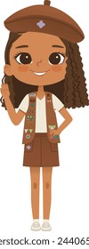 Smiling African American girl scout wearing sash with badges isolated on white background. Female scouter, Brownie ligue Scout Girls troop