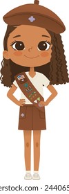 Smiling African American girl scout wearing sash with badges isolated on white background. Female scouter, Brownie ligue Scout Girls troop