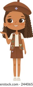 Smiling African American girl scout wearing sash with badges isolated on white background. Female scouter, Brownie ligue Scout Girls troop