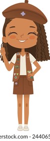 Smiling African American girl scout wearing sash with badges isolated on white background. Female scouter, Brownie ligue Scout Girls troop