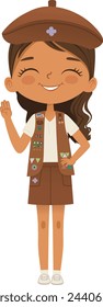 Smiling African American girl scout wearing sash with badges isolated on white background. Female scouter, Brownie ligue Scout Girls troop