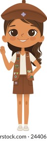 Smiling African American girl scout wearing sash with badges isolated on white background. Female scouter, Brownie ligue Scout Girls troop