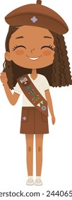 Smiling African American girl scout wearing sash with badges isolated on white background. Female scouter, Brownie ligue Scout Girls troop