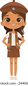 Smiling African American girl scout wearing sash with badges isolated on white background. Female scouter, Brownie ligue Scout Girls troop