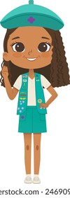 Smiling African American girl scout wearing vest with badges isolated on white background. Junior ligue Scout Girls troop