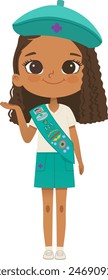 Smiling African American girl scout wearing sash with badges isolated on white background. Junior ligue Scout Girls troop