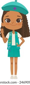 Smiling African American girl scout wearing vest with badges isolated on white background. Junior ligue Scout Girls troop