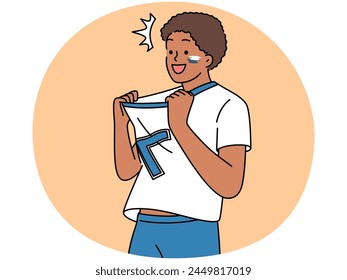 Smiling African American male in uniform on field. Happy black sportsman engaged in football match. Sport and hobby. Vector illustration.