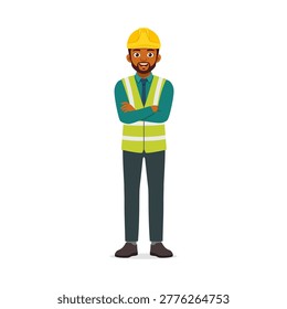 Smiling African American Man Engineer Standing Confident with Arms Crossed in Safety Vest and Hard Hat