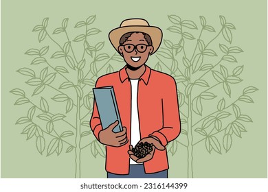 Hombre afroamericano sonriente reuniendo granos de cacao en el jardín. Feliz macho negro con granos de café en la plantación. Agricultura y cosecha. Ilustración vectorial. 