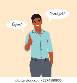 Smiling african american man Gesturing in Gratitude. Concept of positive Feedback, Acknowledgement and Gratitude. Flat vector illustration.