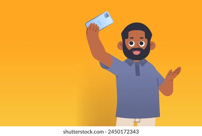 Smiling African American man taking selfie using smartphone on orange background. Cartoon vector illustration