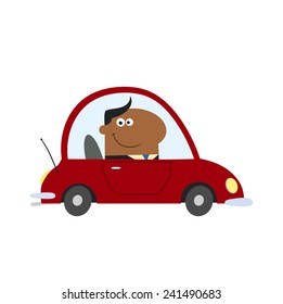Smiling African American Manager Driving Car To Work In Modern Flat Design Vector Illustration Isolated on white