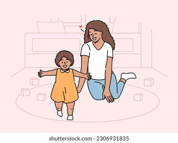 Smiling African American mother playing at home with child toddler. Happy black mom have fun enjoy day with cute little baby. Motherhood. Vector illustration. 