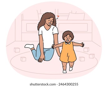 Smiling African American mother playing at home with child toddler. Happy black mom have fun enjoy day with cute little baby. Motherhood. Vector illustration.