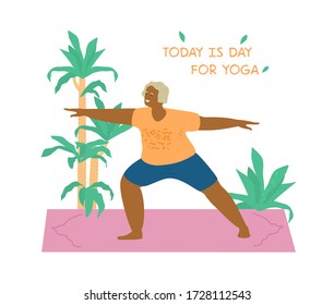 Smiling african american old lady practicing yoga on yoga mat surrounded with plants. Ederly woman in warrior pose. Motivational banner for seniors. Flat vector illustration.