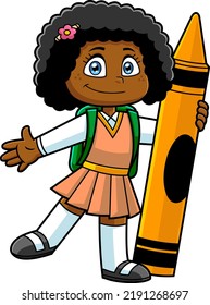Smiling African American School Girl Cartoon Character Holding A Crayon. Vector Hand Drawn Illustration Isolated On Transparent Background