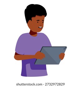Smiling african american student using tablet for studying, working or entertaining, isolated on white background