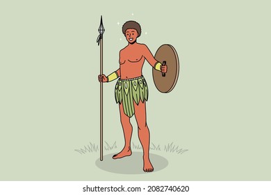 Smiling African American tribe man in breechcloth hold spear and shield. Happy ethnic aborigine wear traditional clothes and protective tools. Indigenous people of Africa. Vector illustration. 