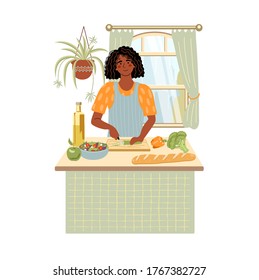 Smiling african american woman cooking salad on kitchen table. Girl preparing homemade meals. Vegetarian cuisine. Flat cartoon vector illustration.