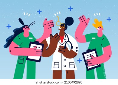 Smiling African American Woman Doctor With Diverse Nurses Help Patients In Hospital. Happy Ethnic Female GP And Medical Workers With Medical Cards Or Journals. Healthcare. Vector Illustration. 