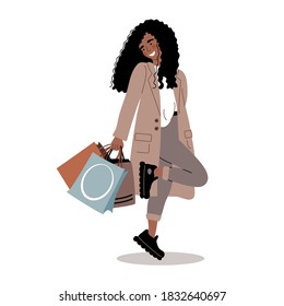 Smiling african american woman in fashionable clothes with shopping bags. Seasonal sale. Cute vector illustration drawing in flat style. Happy woman or girl shopping sale concept.