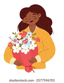 Smiling African American woman holding a bouquet of flowers. Hand drawn.