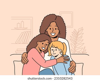 Smiling African American woman sit on couch with multiracial daughters. Happy black mother with multiethnic kids. Concept of adoption. Vector illustration. 