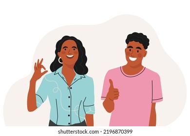 Smiling african american young People Gesturing in Gratitude, positive Feedback. Acknowledgement and Gratitude. Flat vector illustration.	