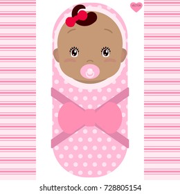 Smiling african baby girl with pacifier isolated on white background. Vector cartoon mascot. Holiday illustration to Birthday, Baby Shower.