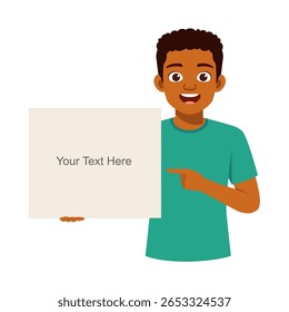 Smiling African boy holding blank sign, presenting information with cheerful expression