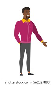 Smiling african businessman with his hand in his pocket. Full length of young happy businessman holding his hand in the pocket of pants. Vector flat design illustration isolated on white background.