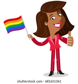 Smiling african cartoon business woman waving rainbow lgbt flag celebrating gay pride isolated on white background