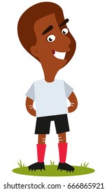 Smiling african cartoon football player wearing white shirt and black shorts standing on football field isolated on white background.