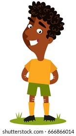 Smiling african cartoon football player wearing yellow shirt and green shorts standing on football field with arms behind his back isolated on white background.