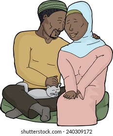 Smiling African couple with pet cat over isolated background