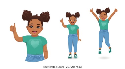 Niña graciosa y sonriente africana que muestra el pulgar de pie y salta aislada en ilustración vectorial de fondo blanco