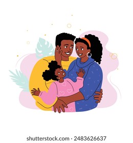 Smiling African family couple and little daughter. Wellness, parenthood, love. Trendy cartoon doodle