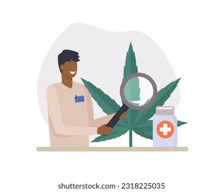 Un hombre africano sonriente mira a través de la lupa de la marihuana medicinal. Apoyando la legalidad del cannabis. Cultivo de marihuana. Mundo socialmente progresista. Vector