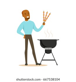 Smiling african man preparing meat kebabs on a barbecue grill vector Illustration