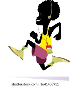 Smiling African runner illustration. Comic cartoon African man is running and listening music on player using headphones isolated on white
