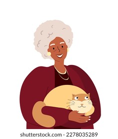 Smiling African Senior Lady with cat,happy elderly retired woman hug her fat cat.Happy woman,Old Senior Person wear fashion stylish clothes,accessory.Flat vector illustration isolated,white background