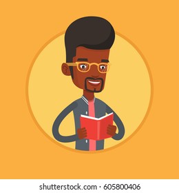 Smiling african student reading a book. Cheerful student reading a book and preparing for exam. Student holding a book in hands. Vector flat design illustration in the circle isolated on background.