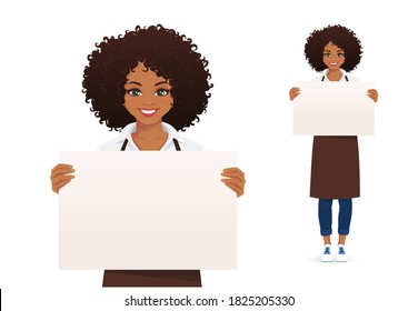 Smiling african woman in apron holding empty blank board isolated vector illustration