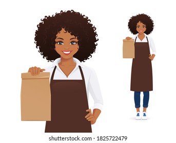 Smiling african woman in apron standing with paper packet isolated vector illustration