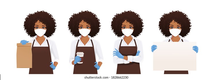 Smiling african woman in apron wearing protective mask as protection against transmissible infectious diseases and air pollution. Isolated vector illustration