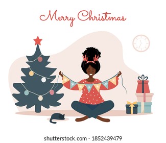 Smiling african woman decorating Christmas tree. New year vintage postcard. The girl unwinds the garland. Preparing home before holiday celebration. Cute vector illustration in flat cartoon style.