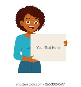 Smiling African woman holding blank sign with space for text, vector illustration